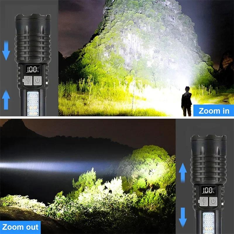 Portable Zoom Torch High Power LED Flashlight Type-C Rechargeable Waterproof Light with COB Side Lamp for Outdoor Camping Hiking