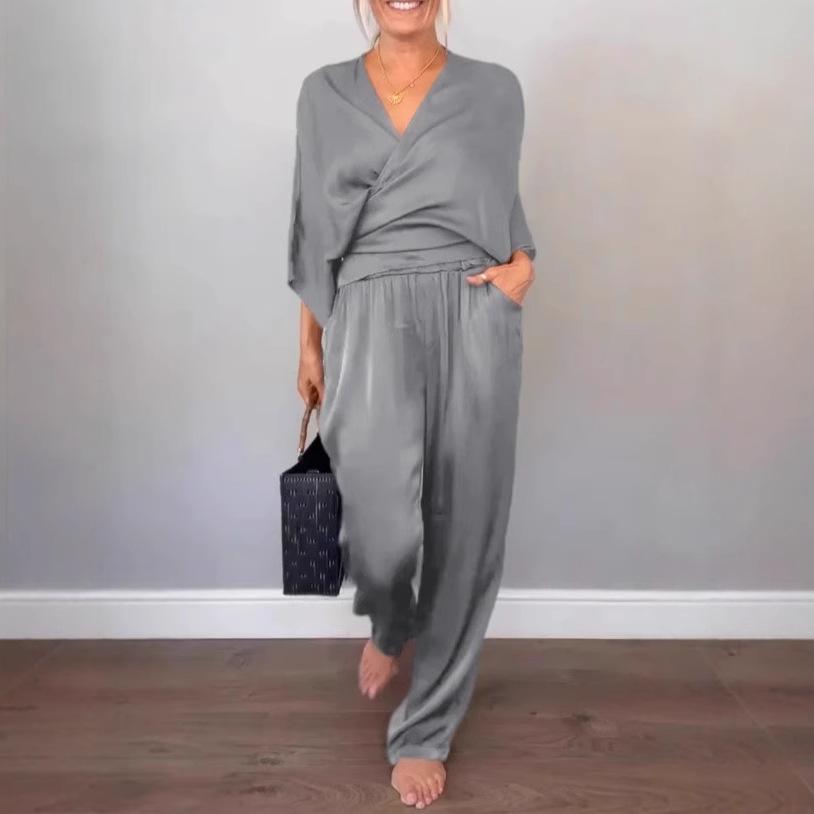 Completo Primaverile Sottile in Raso Largo Moda Vita Elastica Dritto Abbigliamento da Ufficio Casual da Donna Top a Maniche Lunghe con Scollo a V e Set Pantaloni