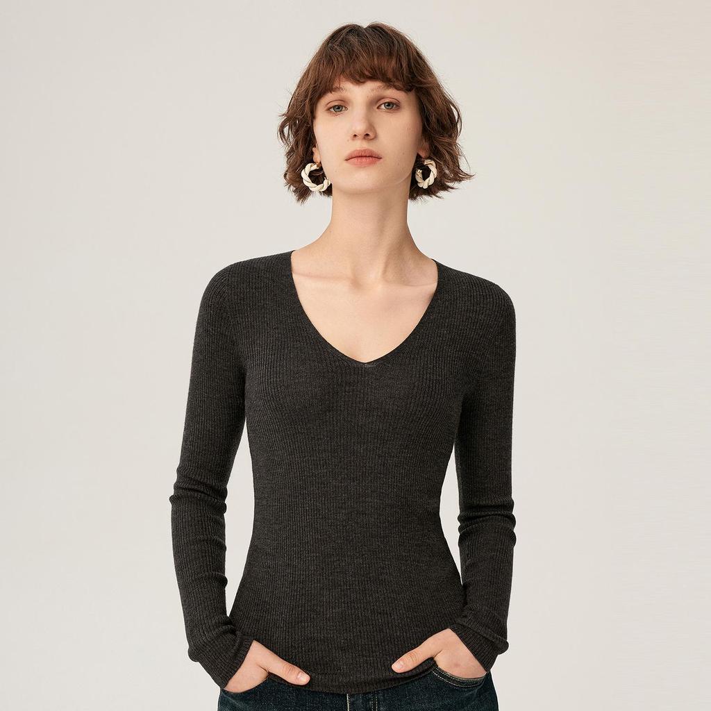 18-Gauge One-Piece Fine-Spun Chicken Heart Collar 100% Wool Women's Long-Sleeve V-Neck Slim-Fit Base Layer Shirt
