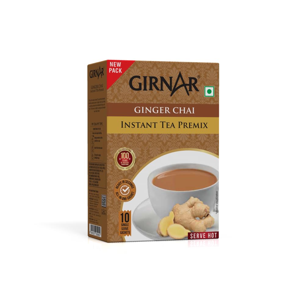 Girnar Instant Ginger Tea Premix – 10 Sachets | Vegan Powder Blend for Cozy, Aromatic, Refreshing Tea Anytime, Anywhere