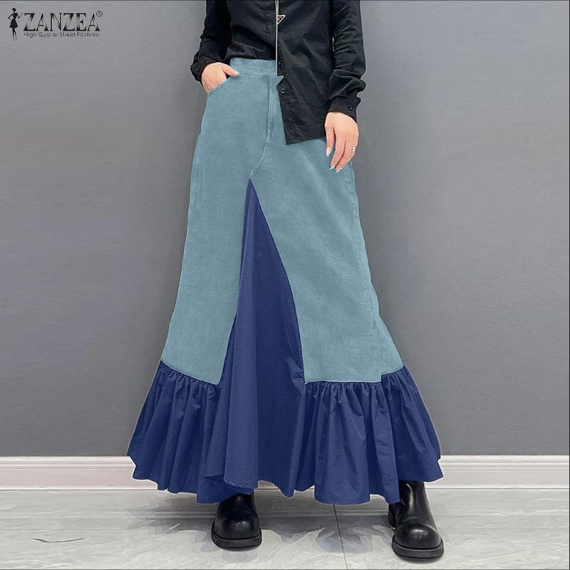 ZANZEA Women Casual Splice Ruffles Loose Long Skirts