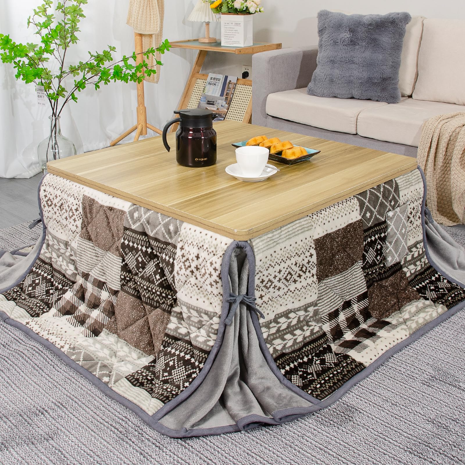 

JEMA Котацу Прямоугольное Одеяло Котацу с Разрезом Стильный Фланелевый Теплый и Лоскутный Серый Футон, Компактный, Дизайн, Стираемый, Ткань, Гладкий,