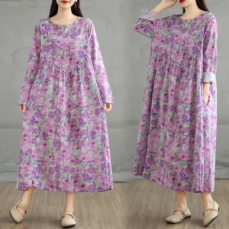 DIMANAF 2025 Women Plus Size Spring Summer Dress Casual Dress Basic Vintage Loose Floral Printing Long Sleeve Maxi
