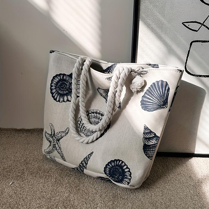 Shell Pattern Canvas Tote Bag, Marine Life Pattern Travel Beach Bag, Lightweight Summer Vacation
