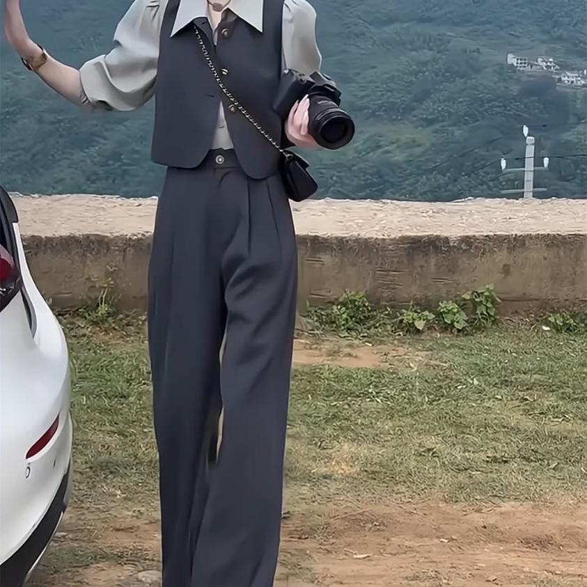 Early Spring Women's Mature Suit: Sleeveless Vest, Shirt, Wide-Leg Pants Petite 3-Piece Set