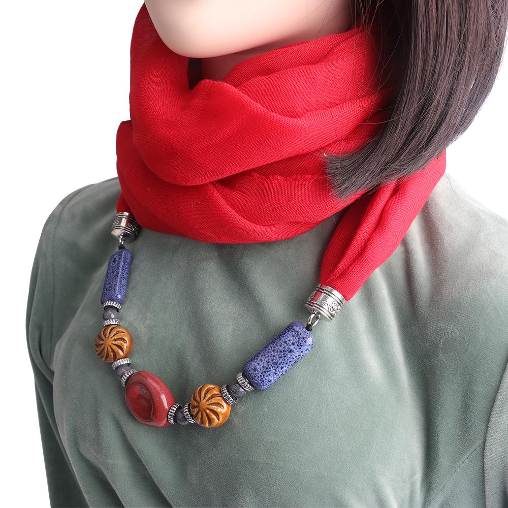 Cotton-Linen Infinity Scarf with Handmade Beaded Pendant, Women's 2-in-1 Boho Scarf Necklace Accessory