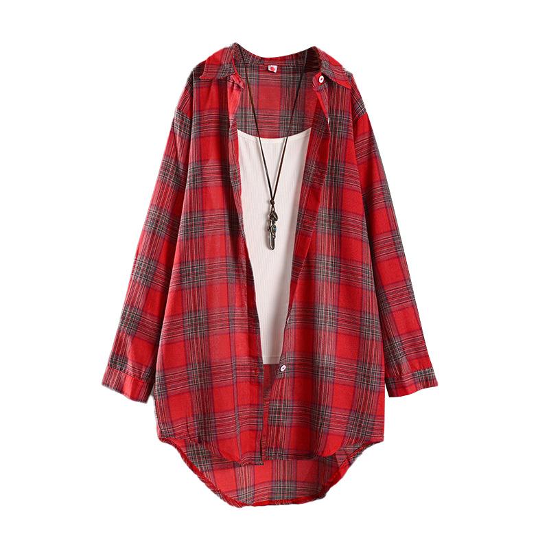 Women's Cotton Linen Plaid Long Shirt - Sun Protection, Loose Fit Outerwear, Lazy Style