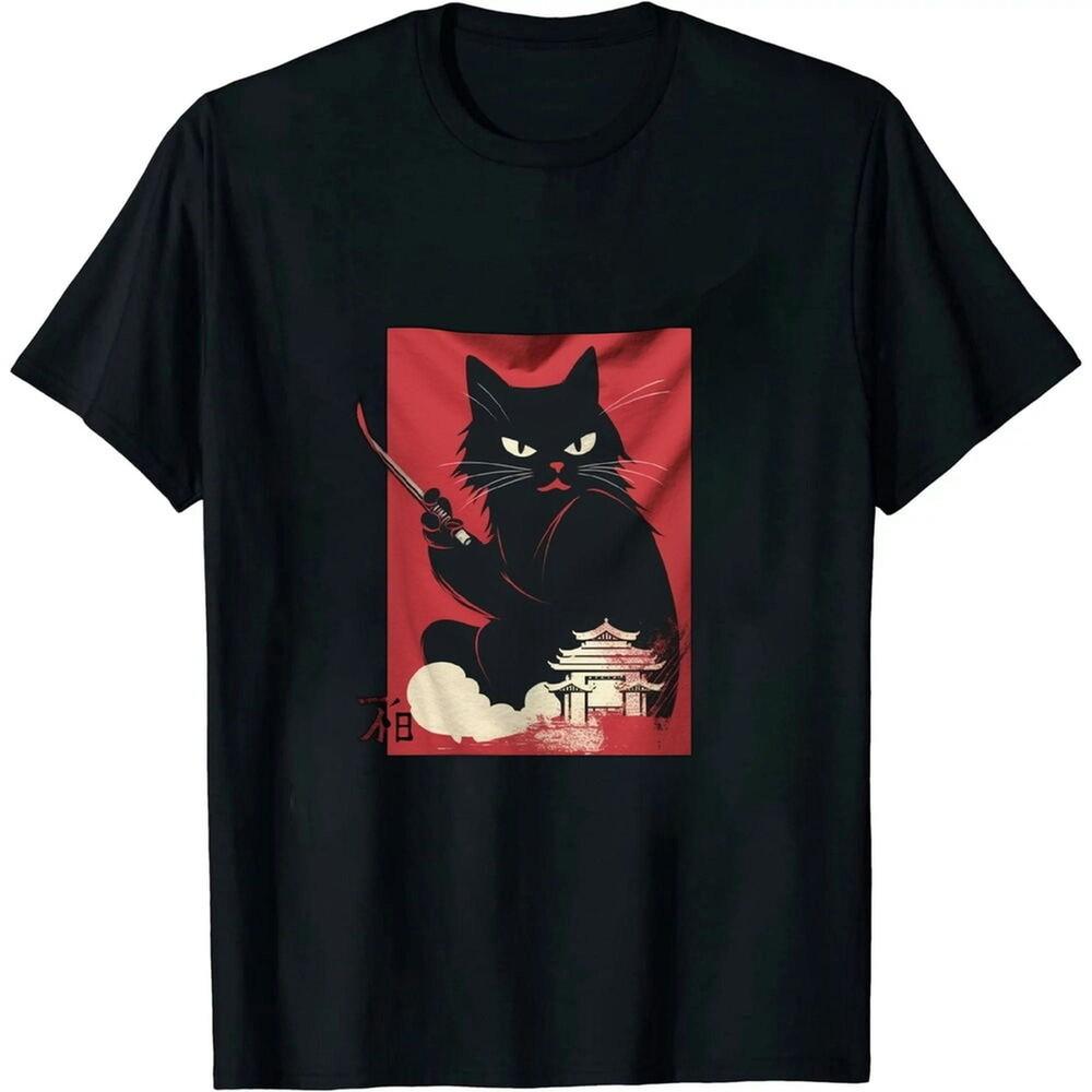 Black Cat Love Ramen Anime Japanese Red Sunset Retro T-Shirt Unisex T-Shirt XXL