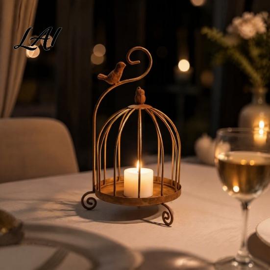 Rustic Style Metal Lantern Vintage Birdcage Candle Holder Tealight Decorative Artistic Display Stand for Home Decor Dining Table Living Room