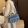 Washed Denim Crossbody Bag with Front Zipper Pocket and Decorative Chain Detail Casual Shoulder Purse for Women Daily