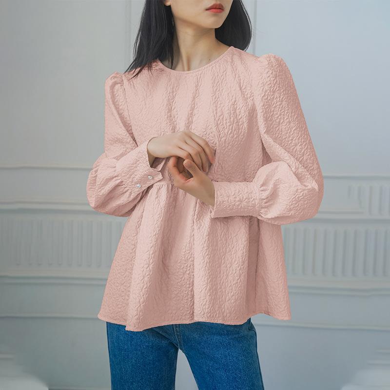 Spring and Summer Long-sleeved Embossed Women's Shirt Dark Pattern Loose Top New Style