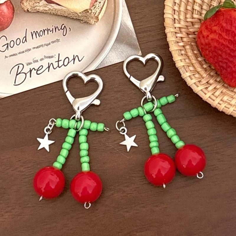 Kawaii Red Cherry Fruit Keychain Cute Heart Key Ring Lovely Bag Charm Unique Gift for Girls Back To School Presents