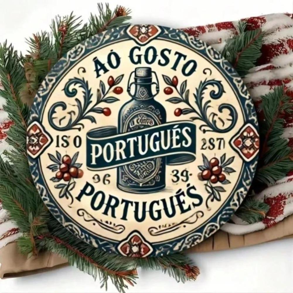 Vintage Portuguese Farmhouse Metal Wall Art Round Aluminum Sign for Home Decor