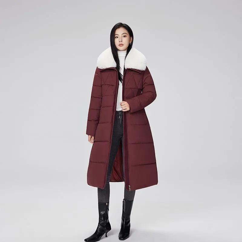 Modischer Winterparka Damen X-lang Baumwollgepolsterte Jacken Verdicken Warmer Mantel Streetwear Großer Pelzkragen Gürtel Schlanke Oberbekleidung