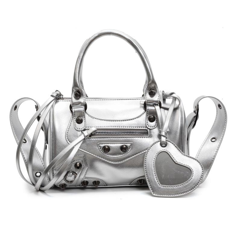 Niche Retro Hand-Carried Locomotive Bag Women'S Versatile Contrasting Color Shoulder Messenger Boston Bag