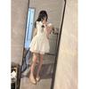 Women's Summer Lace Splicing Waist Small Flying Sleeve Tutu Dress White Sweet Style Girl Lapel Design Dress