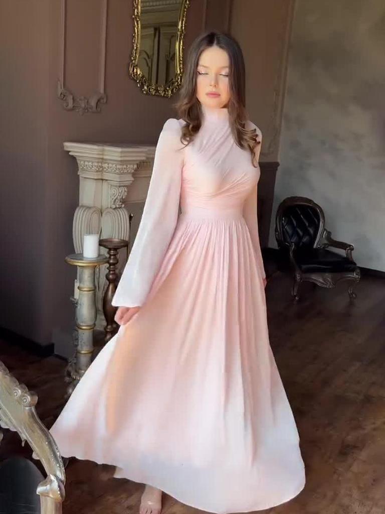 2025 European & American Style Women's Long White High-Neck Waist-Cinching Half-Sleeve Dress