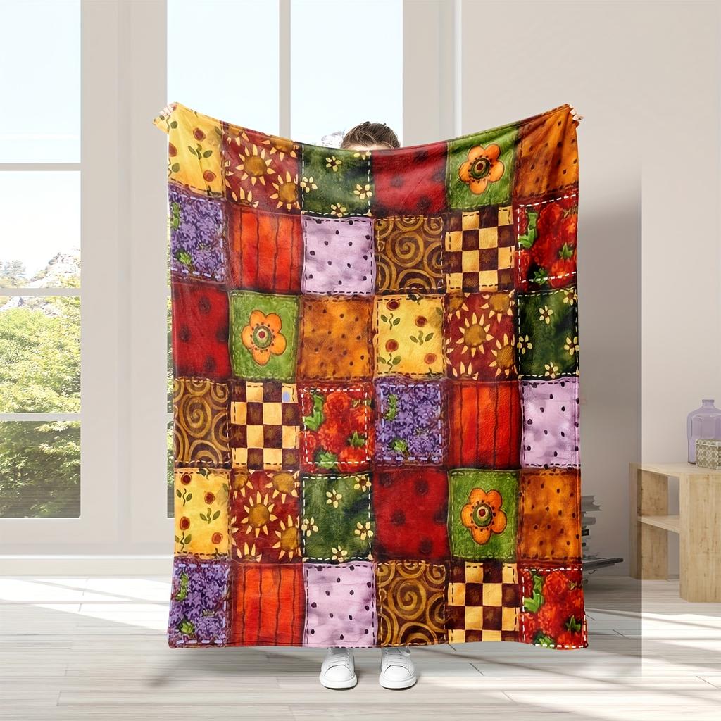 1pc Digital Print Vintage Floral Plaid Patchwork Element Blanket, Super Warm Soft and Comfortable Flannel Throw Blanket, Suitabl