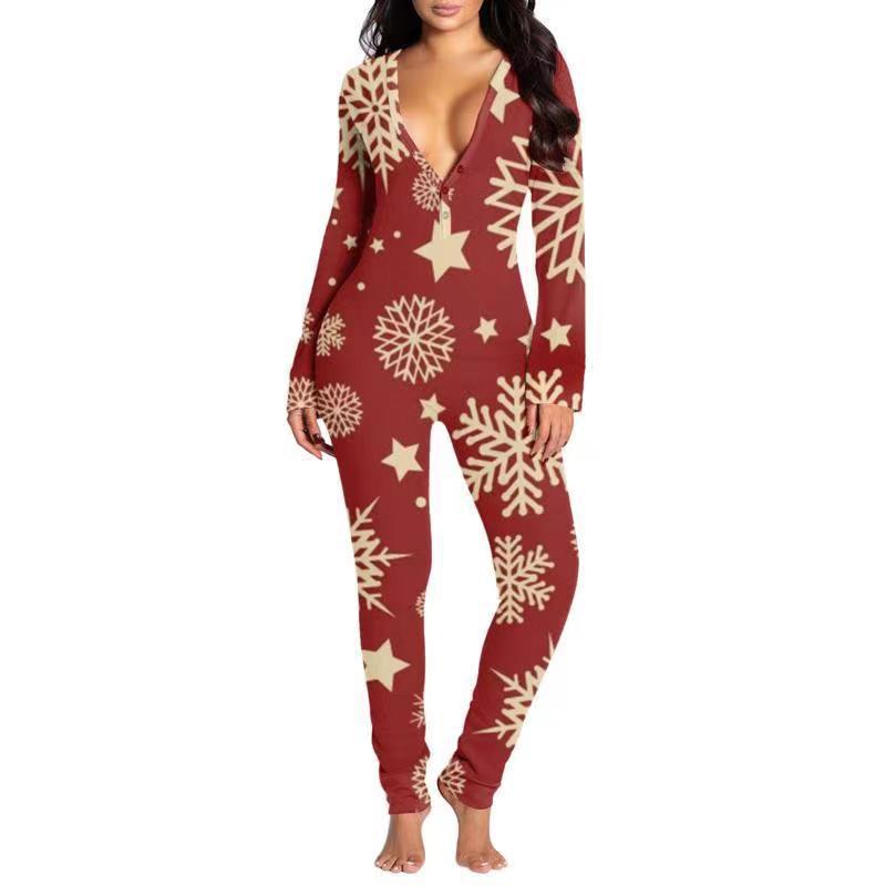 2023 Europäischer & Amerikanischer Weihnachten Langarm Knopfleiste Bedruckter Erwachsenen Jumpsuit