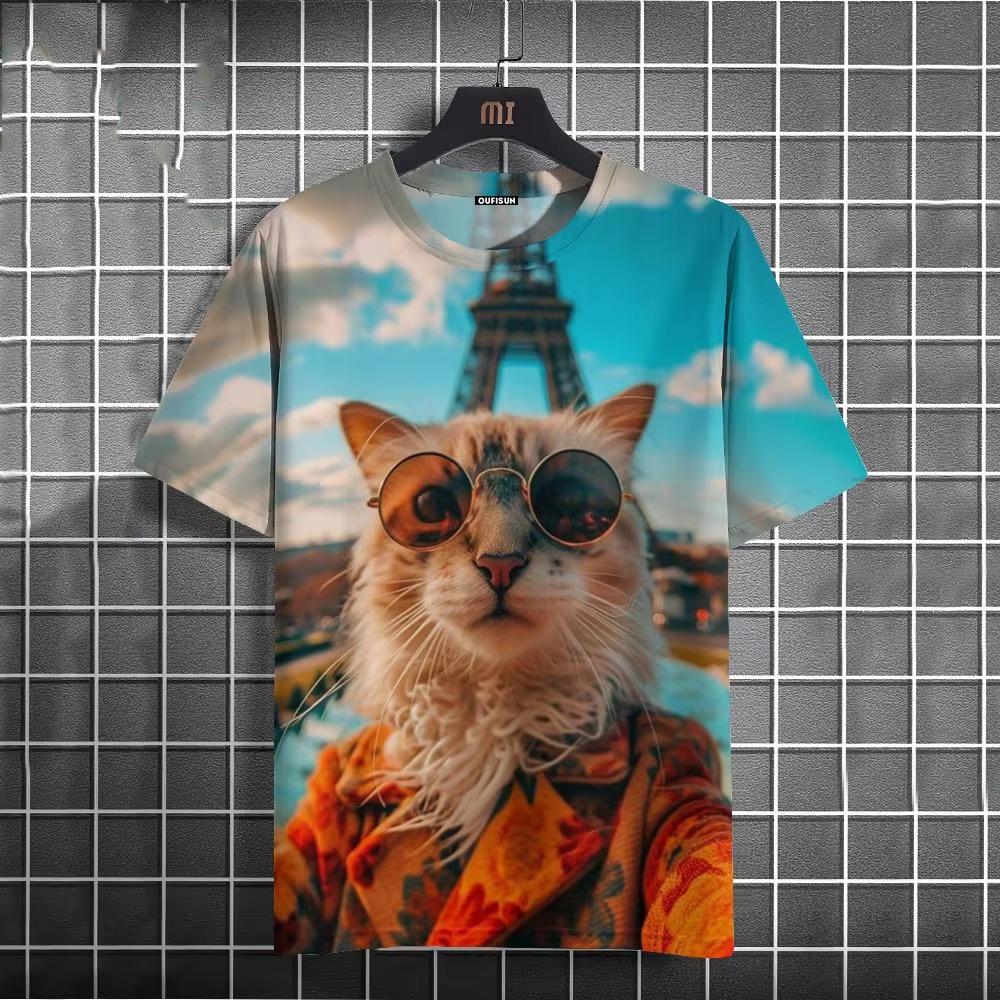 

Summer Round Neck 3D Cute Cat Print Top Fashionable Casual Short Sleeved Men s T-shirts XS
