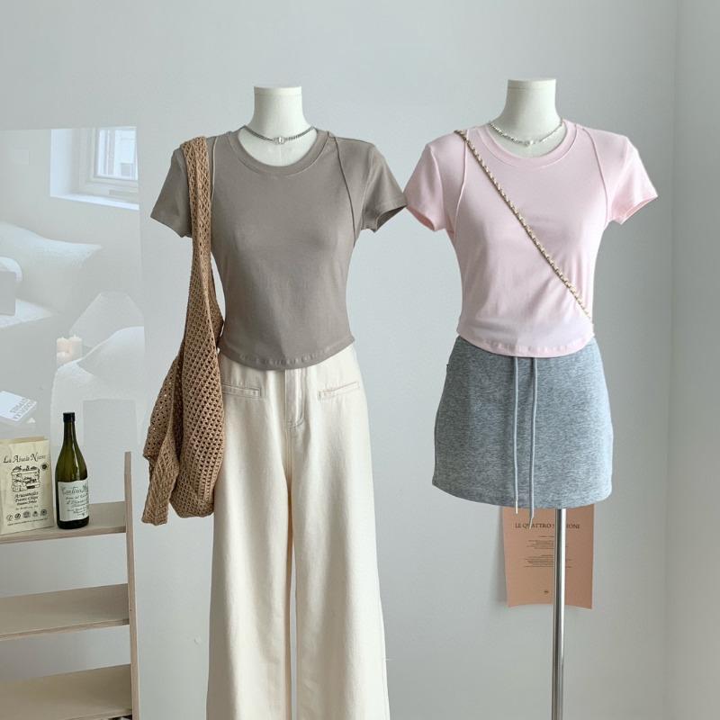 Fashion Round Neck Slim Fit Cropped T-shirt Women Short Sleeve Tops Women Summer Elegant Casual T Shirt Office Lady Simple Tee 24239