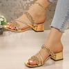 Fashion Fashion Glitter Thick Heel Slippers for Women 2025 Summer Shiny Sequins Square Heel Sandals Woman Glod Silver Square Toe Slides