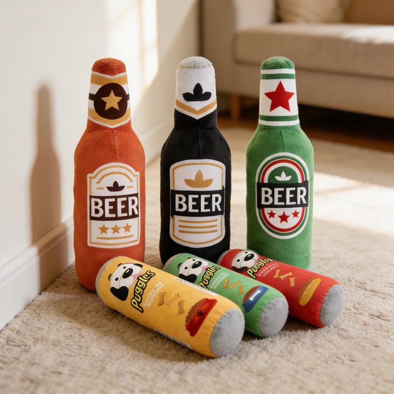 Peluche a forma di bottiglia di birra per cane Giocattolo sonoro BB Squeaky Giocattolo per animali domestici imbottito Resistente ai morsi Pulizia dei denti Molare Allevia la noia Interattivo