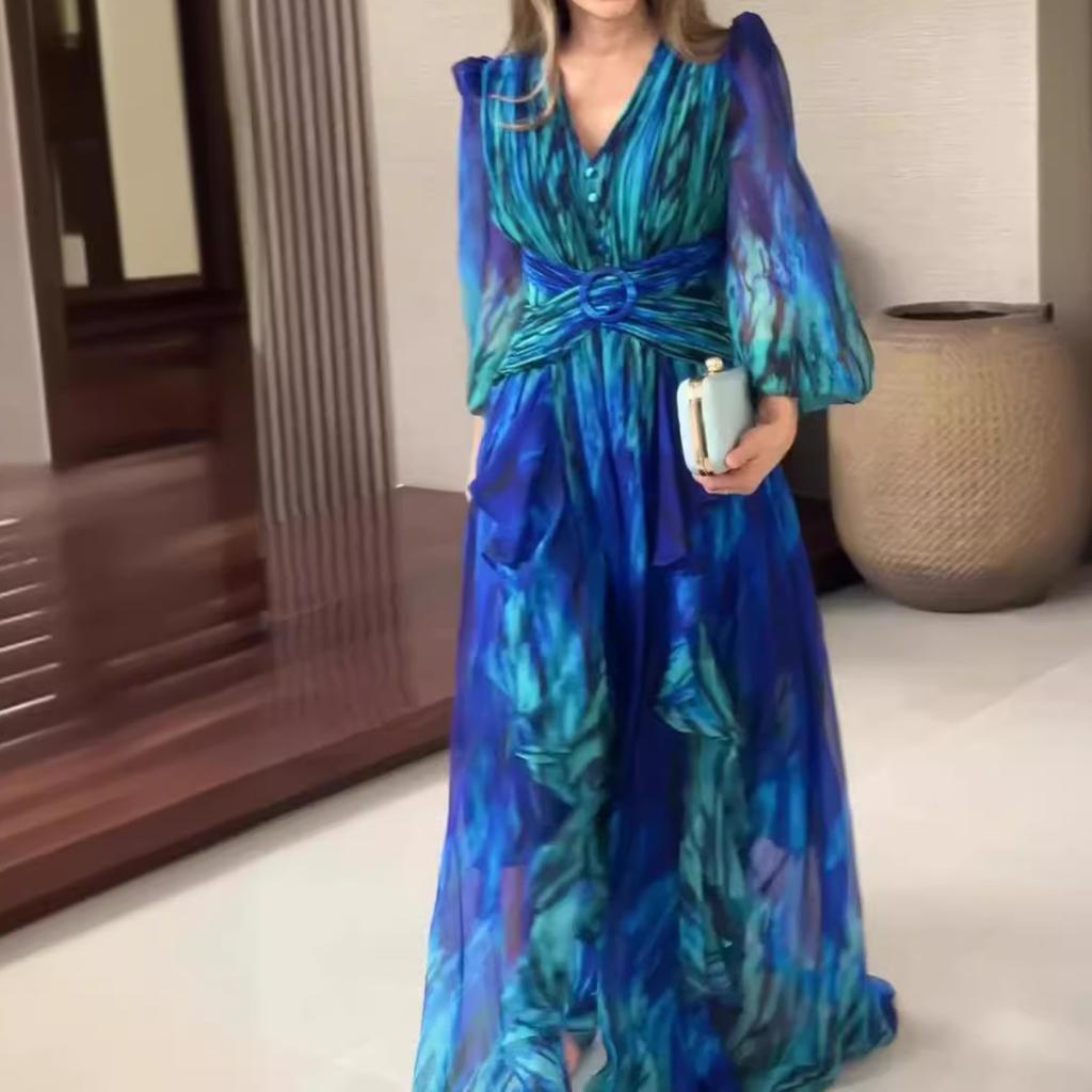 V-Neck Bubble Sleeve Gradient Print Maxi Dress with Waist Tie and Asymmetrical Hem