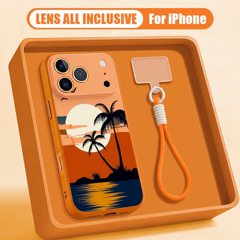 Creative Coconut Sunset Pattern Hand Strap Case For iPhone 17 Pro Max iPhone 16 15 14 13 Pro Max Magnetic For Magsafe Hybrid TPU+PC Matte Cover