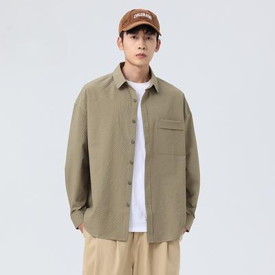 Camisa de manga comprida casual estilo campus de cor sólida masculina nova primavera