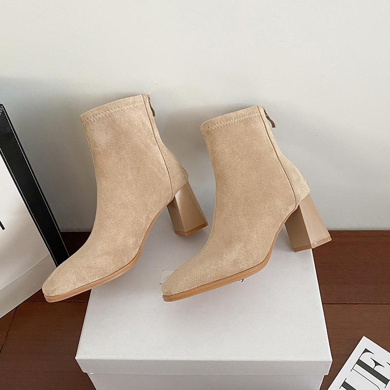 High Heel Autumn and Winter Short Boots Children Small Skinny Boots Black Suede Square Heel Thick Heel Short Boots