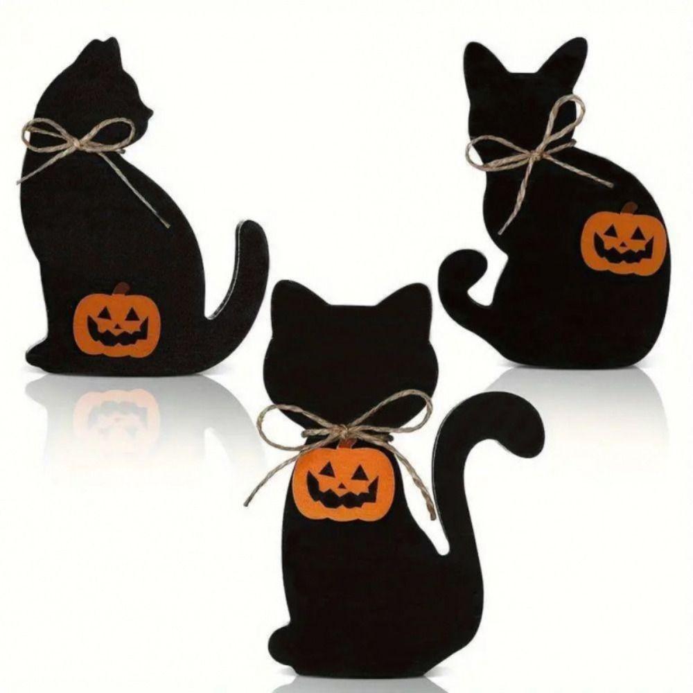 3pcs Vivid Halloween Black Cat Ornament Wooden Animal Statue Funny Cat Sculpture  Cabinet