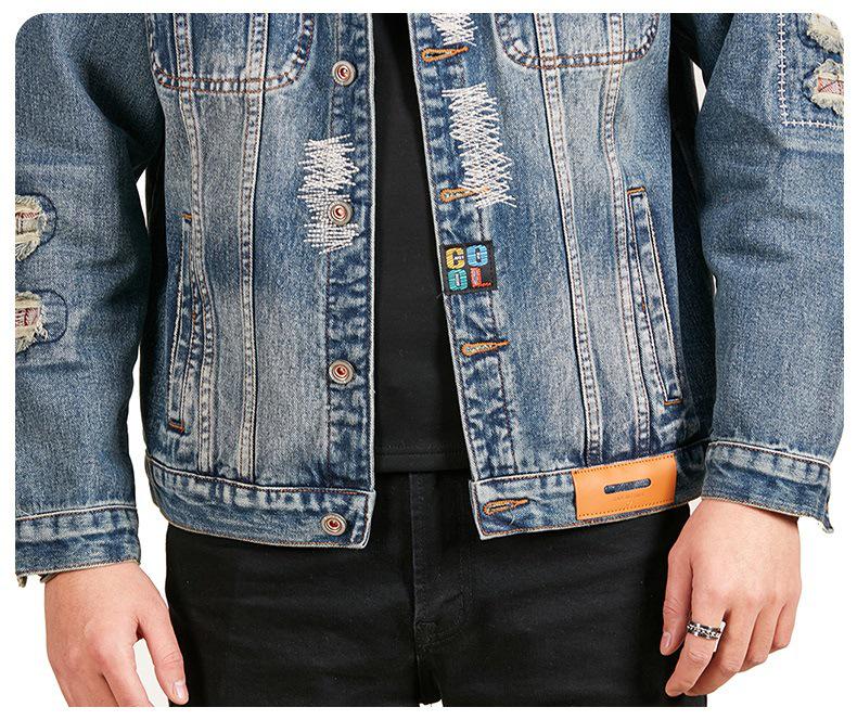 Xintang Men's American Retro Ripped Patchwork Denim Jacket - Loose Fit, Long Sleeve