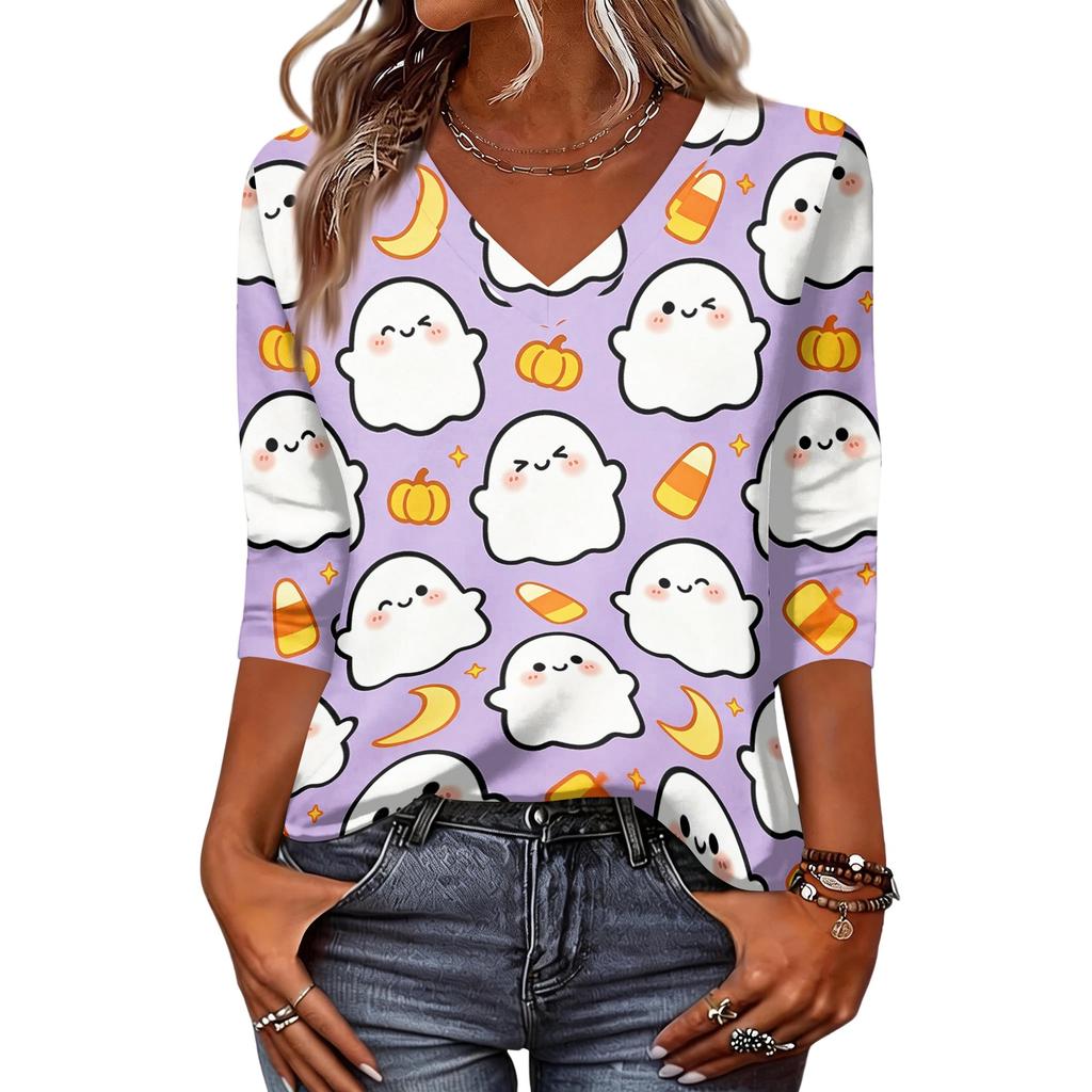 Women's Fashion Casual Halloween Print V-Neck Three-Quarter Sleeve Top