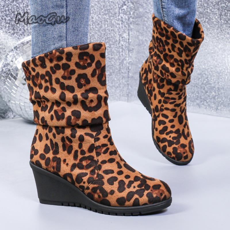 Fashion Women's Round Toe Short Boots Autumn Winter New Leopard Slip-On Ankle Booties Pleated Wedge Botines Para Mujeres Size 35-40