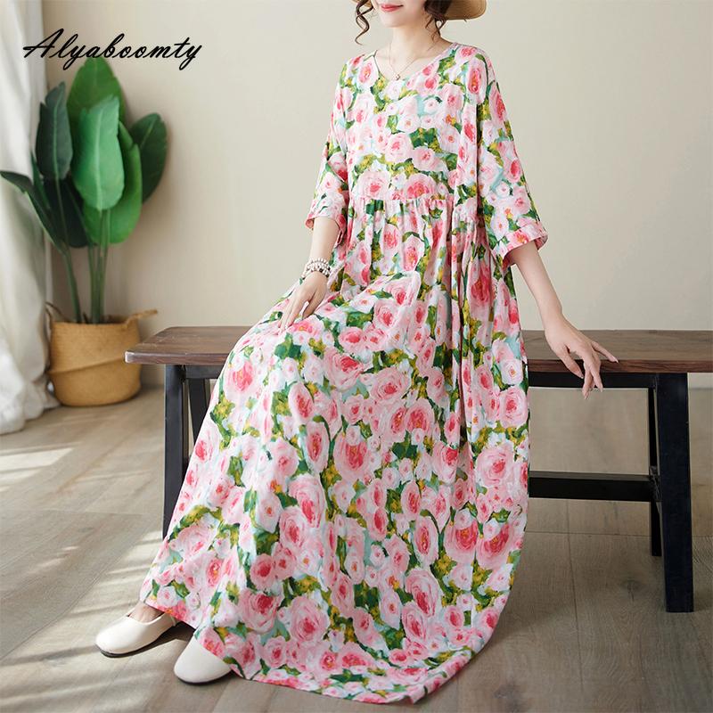 

Летнее женское розовое длинное платье больших размеров размера плюс, короткое мешковатое хлопковое платье с круглым вырезом и цветочным принтом, свободные платья в стиле ретро с короткими рукавами в богемном стиле One Size