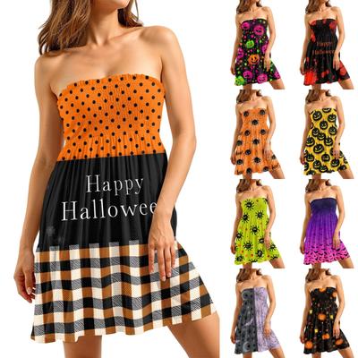 Women's Casual Strapless Sleeveless Dress with Halloween Print for Party and Everyday Wear