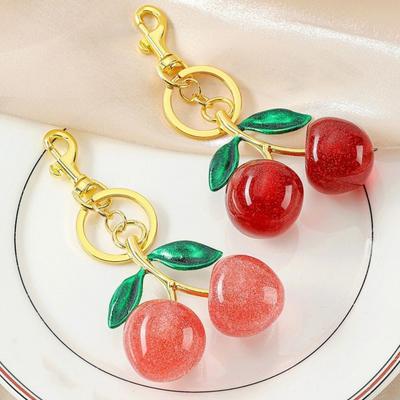 Keychain Pendant Resin Cherry Chain with Branches Secure Lobster Golden Alloy Design Key Clasp Anti-Lost Hook