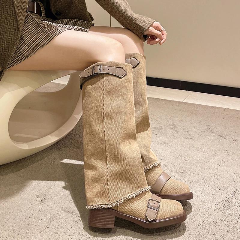 Cowboy Women High Boots Fashion Mid Heels Shoes Chunky Woman 2024 Trend Winter Chelsea Boots New Goth Pumps Snow Boots Mujer