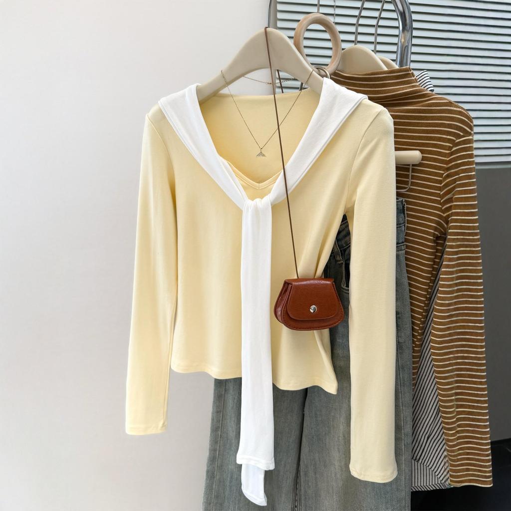 Chic Spicy V-Neck Slim-Fit Long-Sleeve Shawl T-Shirt for Women - Autumn Trendy Base Layer Top