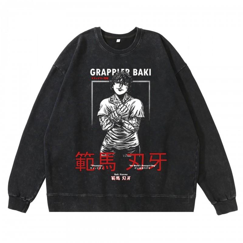 Heavyweight 360g Washed Vintage Baki Hanma Anime Graphic Hoodie-Free Cotton Sweatshirt Men