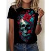 Europäische Größe Damen 3D Totenkopf & Blumendruck T-Shirt - Schwarz mit Roten Rosen & Blauem Blattwerk Design - Weiches Stretch Rundhals Kurzarm Top