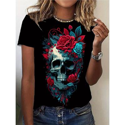 T-shirt da Donna con Stampa 3D Teschio e Fiori Taglia Europea - Nera con Design di Rose Rosse e Fogliame Blu - Top Morbido Elasticizzato Girocollo Manica Corta