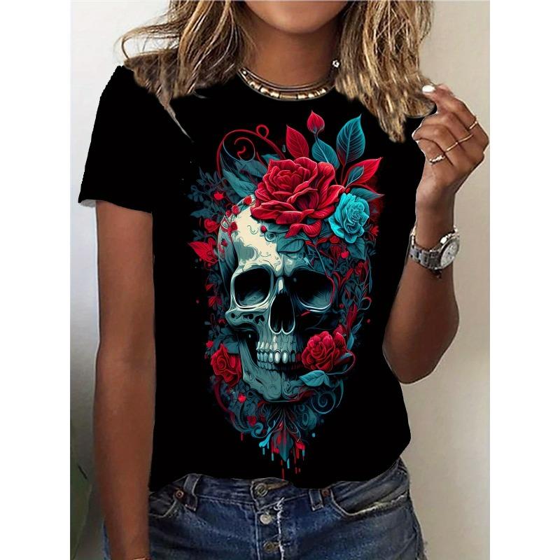Женская футболка с 3D принтом черепа и цветов, европейский размер - Черная с дизайном из красных роз и синей листвы - Мягкий эластичный топ с круглым вырезом и коротким рукавом 4XL чёрный
