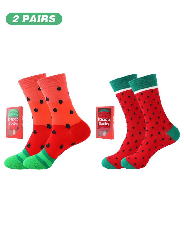 2 pair of mid-calf unisex socks in a novelty ice cream design, a unique and interesting festive gift.