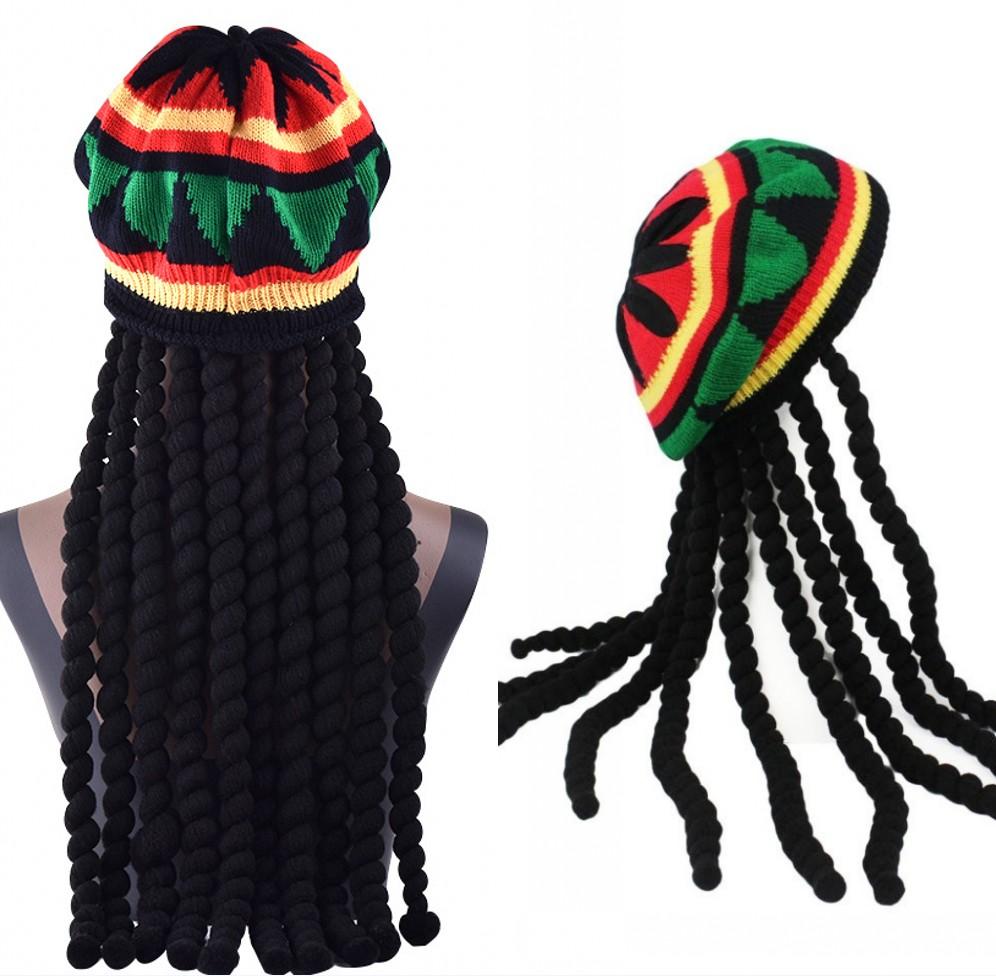 Braids Wig Cap Knitted Beanie Hat Jamaica Bob Marley Rasta Cap Dreadlocks Reggae Caribbean Halloween Cosplay Headwear