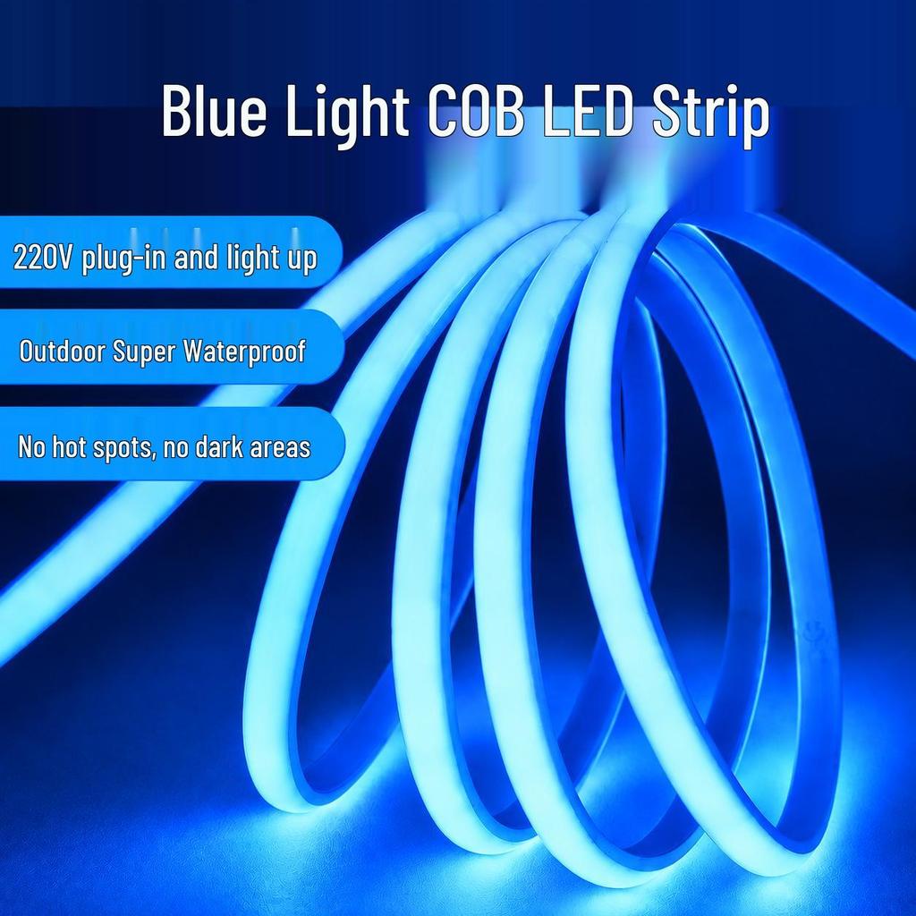 220V Plug-in COB LED Strip Light, Waterproof, Self-Adhesive, Flexible Silicone for Outdoor Use