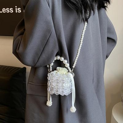 Daily Commute Imitation Pearl Woven Hollow Mini Women Lipstick Earphone Bag Spring New Shoulder Messenger Bag