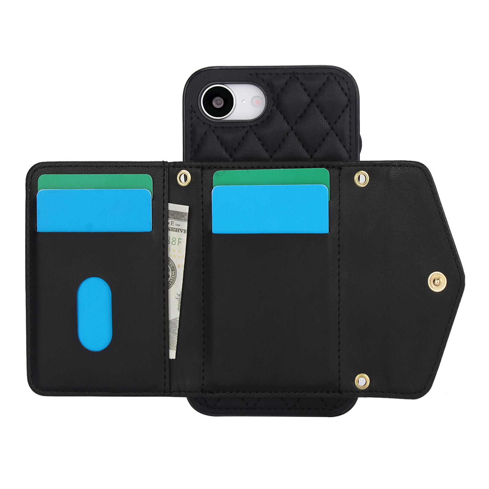 

For iPhone 16e Case Card Holders RFID Blocking PU Leather+TPU Phone Cover with Shoulder Strap Red