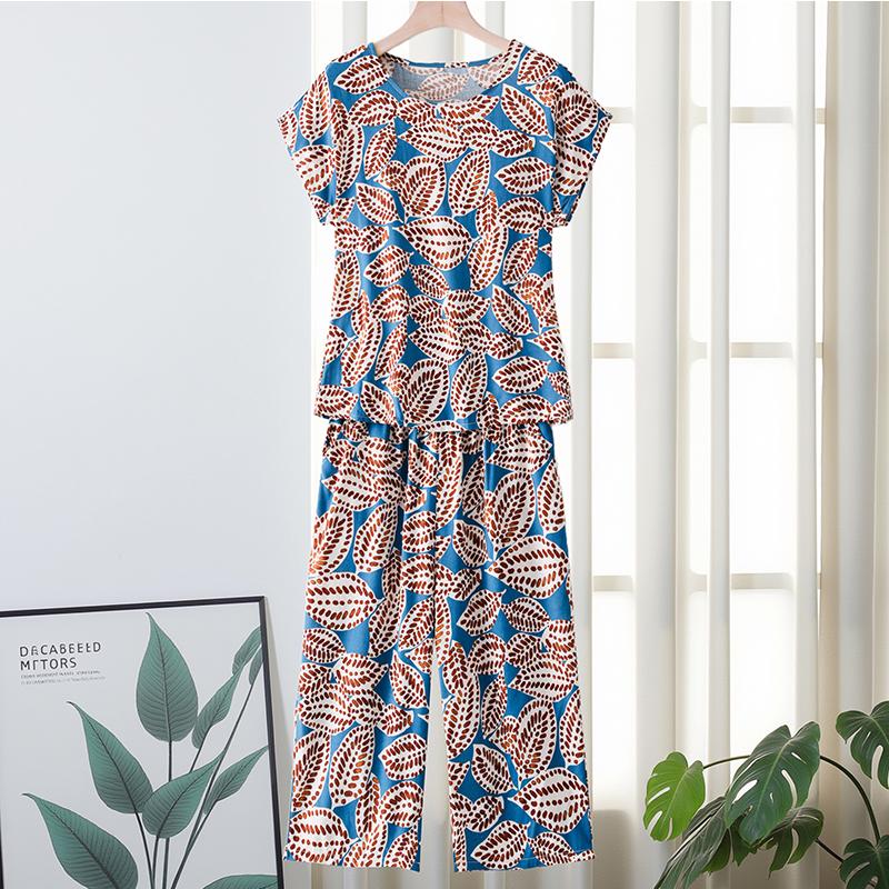 Plus Size Women Two Peice Sets Summer Loose Elegant High Waist Pant Sets Female Casual Vintage Print Oversize Suit